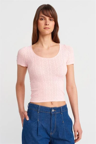 KISA KOLLU DANTEL DOKULU PEMBE  KADIN BLUZ 10755-2Y5