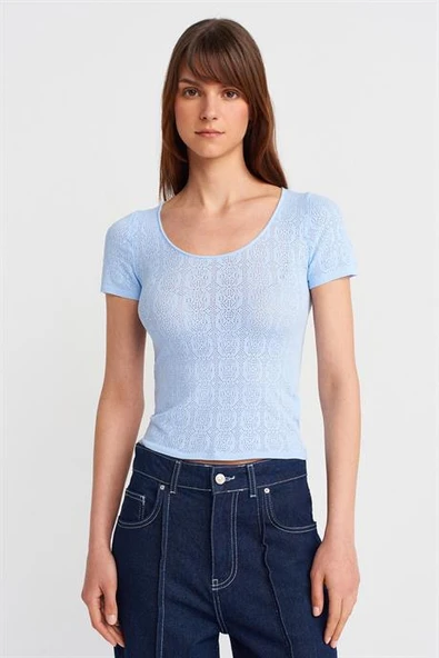 KISA KOLLU DANTEL DOKULU MAVİ  KADIN BLUZ 10755-2Y5 ürün görseli