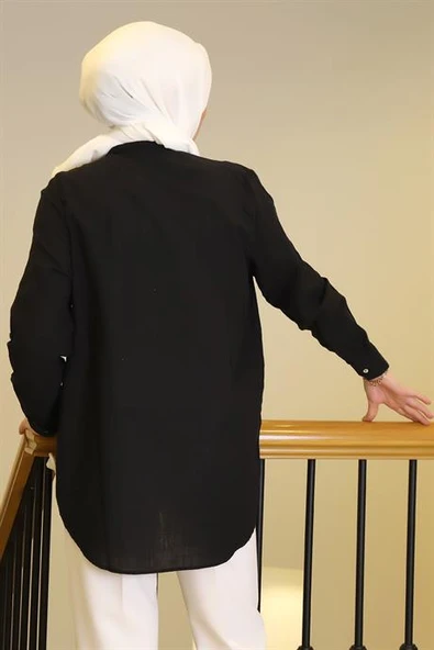 UZUN KOLLU TALŞI SİYAH KADIN GÖMLEK  25Y2FIU043-2Y5 - Resim 4