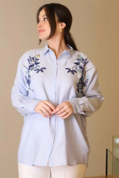 MAVİ PUL VE BONCUK İŞLEMELİ UZUN KOLLU KADIN GÖMLEK  4488-2Y5 - 2