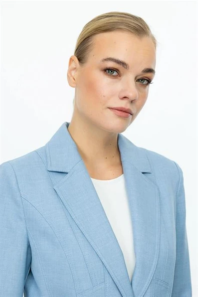 DİKİŞ DETAYLI SÜS CEPLİ MAVİ KADIN CEKET  4134-2Y5 - 5