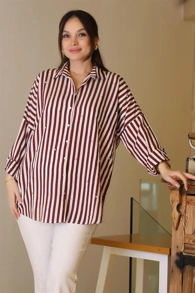 BORDO ÇİZGİLİ TAŞLI KADIN GÖMLEK  4735-2Y5 - Resim 3