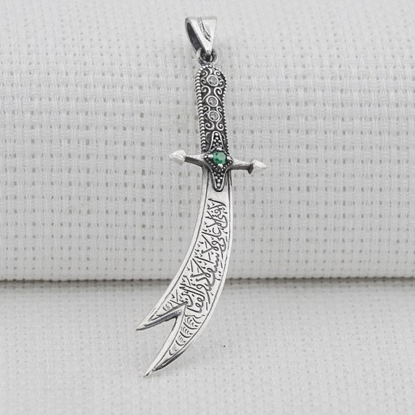 Yeşil Taşlı Zülfikar Kılıç Tasarımlı 925 Ayar Gümüş Kolye Ucu - 1