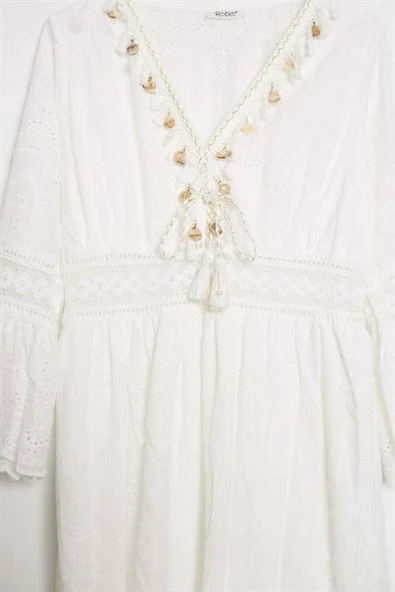 PÜSKÜL DETAYLI EKRU KADIN ELBİSE  M38343-2Y5 - Resim 2