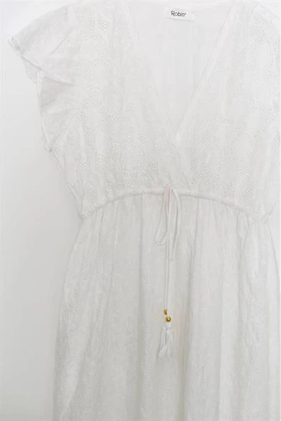 KOLLARI FIRFIRLI V YAKA EKRU KADIN ELBİSE  M38664-2Y5 - Resim 2