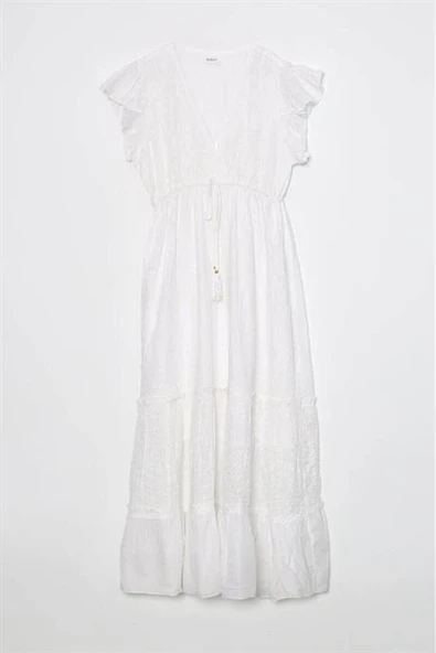 KOLLARI FIRFIRLI V YAKA EKRU KADIN ELBİSE  M38664-2Y5 ürün görseli