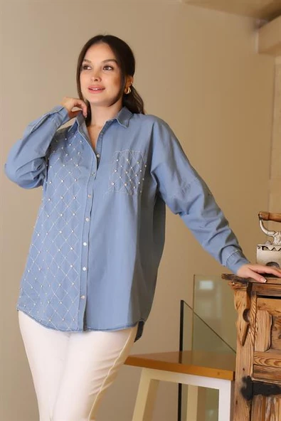 KOT CEP DETAYLI İNCİ VE TAŞ İŞLEMELİ KOT KADIN GÖMLEK  4744-2Y5 - Resim 2