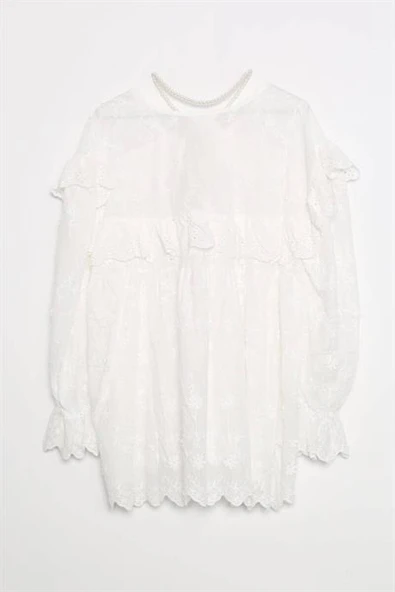 YAKASI İNCİLİ DANTEL EKRU KADIN BLUZ  M38658-2Y5 - 2