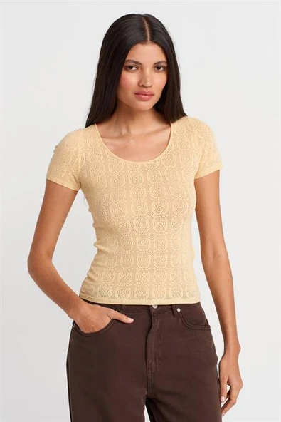 KISA KOLLU DANTEL DOKULU SARI KADIN  BLUZ  10755-2Y5 ürün görseli