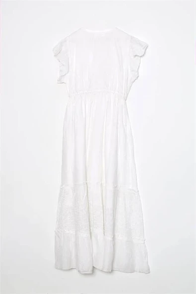 KOLLARI FIRFIRLI V YAKA EKRU KADIN ELBİSE  M38664-2Y5 - Resim 3