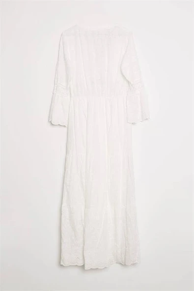 PÜSKÜL DETAYLI EKRU KADIN ELBİSE  M38343-2Y5 - Resim 3