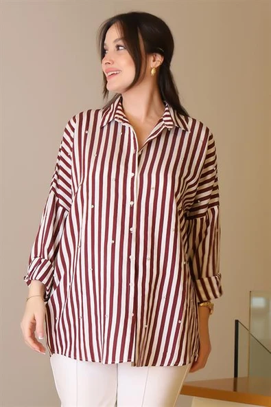 BORDO ÇİZGİLİ TAŞLI KADIN GÖMLEK  4735-2Y5 - Resim 4