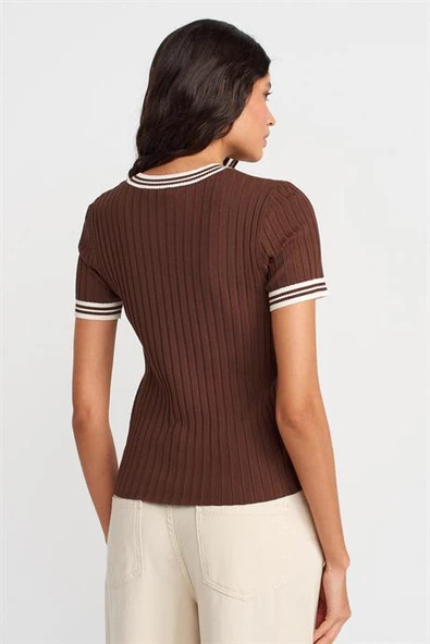 BİSİKLET YAKA İNCE ÇİZGİLİ TRİKO KAHVE KREM KADIN BLUZ 10765-2Y5 - Resim 4