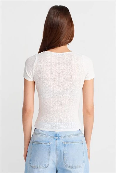 KISA KOLLU DANTEL DOKULU EKRU KADIN BLUZ 10755-2Y5 - 4