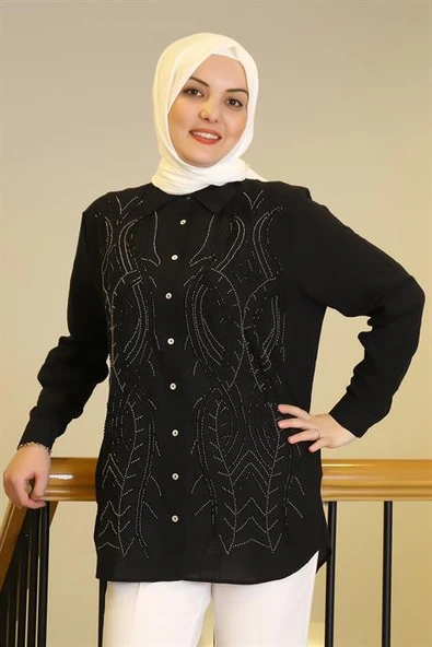 UZUN KOLLU TALŞI SİYAH KADIN GÖMLEK  25Y2FIU043-2Y5 - Resim 2