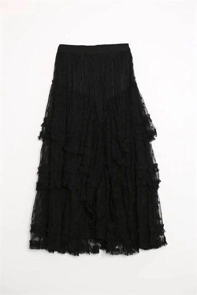 BELİ LASTİKLİ TÜL SİYAH KADIN ETEK  M38630-2Y5 ürün görseli