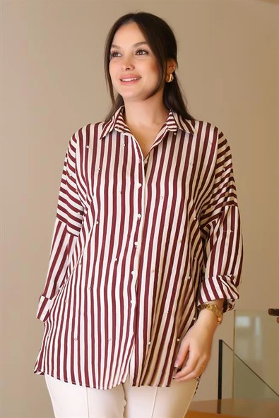 BORDO ÇİZGİLİ TAŞLI KADIN GÖMLEK  4735-2Y5 - Resim 2