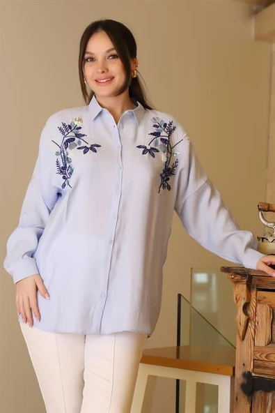 MAVİ PUL VE BONCUK İŞLEMELİ UZUN KOLLU KADIN GÖMLEK 4488-2Y5 - 4