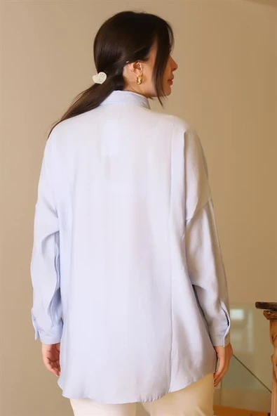 MAVİ PUL VE BONCUK İŞLEMELİ UZUN KOLLU KADIN GÖMLEK  4488-2Y5 - 5