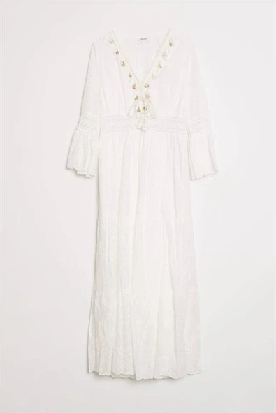 PÜSKÜL DETAYLI EKRU KADIN ELBİSE  M38343-2Y5 ürün görseli