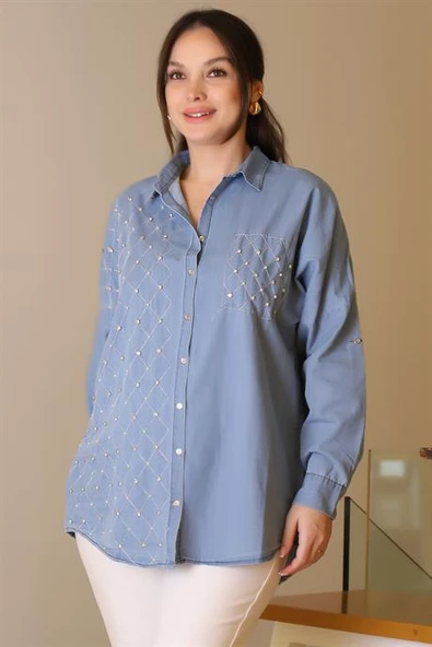 KOT CEP DETAYLI İNCİ VE TAŞ İŞLEMELİ KOT KADIN GÖMLEK  4744-2Y5 ürün görseli