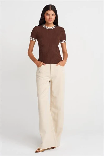 BİSİKLET YAKA İNCE ÇİZGİLİ TRİKO KAHVE KREM KADIN BLUZ 10765-2Y5 - Resim 2
