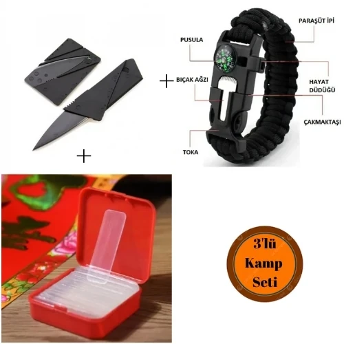 Çok Amaçlı Hayatta Kalma Bilekliği+Kredi Kartı Şeklinde Kart Bıçak+Çift Taraflı Bant Seti 60 Parça ürün görseli 1