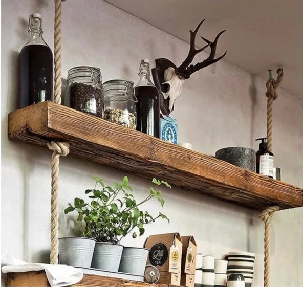 iAhşap Dekoratif Masif Ahşap Raf Ahşap Kitaplık İskandinav Modeli İp Askı - 2