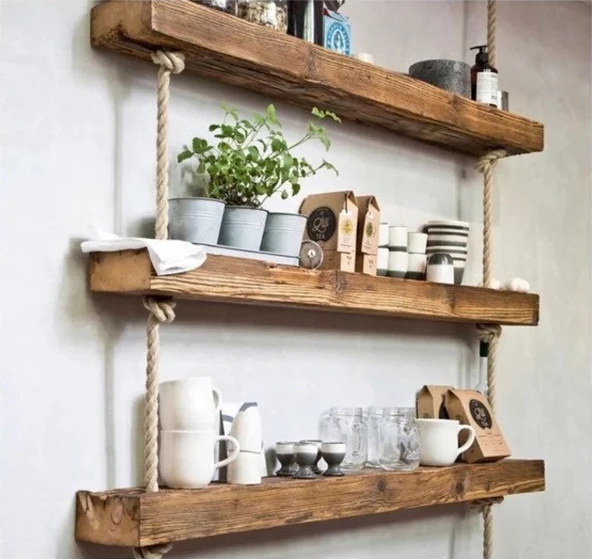 iAhşap Dekoratif Masif Ahşap Raf Ahşap Kitaplık İskandinav Modeli İp Askı - 5