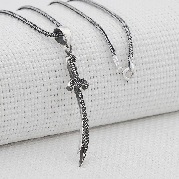 Nokta Desenli 925 Ayar Gümüş Zülfikar Kılıç Kolye - Resim 2