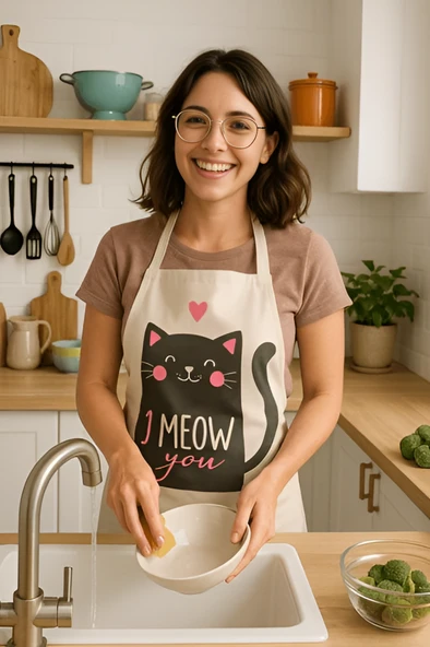 I Meow You Mutfak Önlüğü Kedi Desenli, Sıvı Geçirmez Sevimli Tasarım - 5
