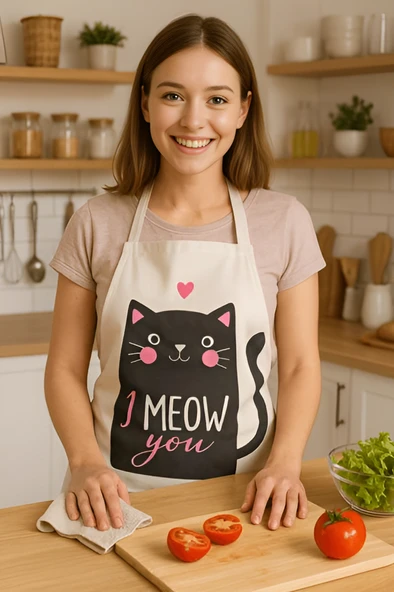 I Meow You Mutfak Önlüğü Kedi Desenli, Sıvı Geçirmez Sevimli Tasarım - 2