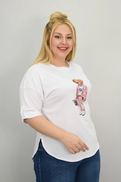 Kadın Büyük Beden Kısa Kollu Taş Detaylı Ayı Baskılı Oversize T-shirt 1926-25 - 11