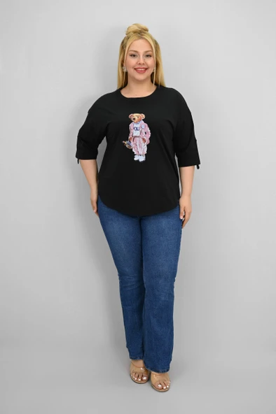 Kadın Büyük Beden Kısa Kollu Taş Detaylı Ayı Baskılı Oversize T-shirt 1926-25 - 2