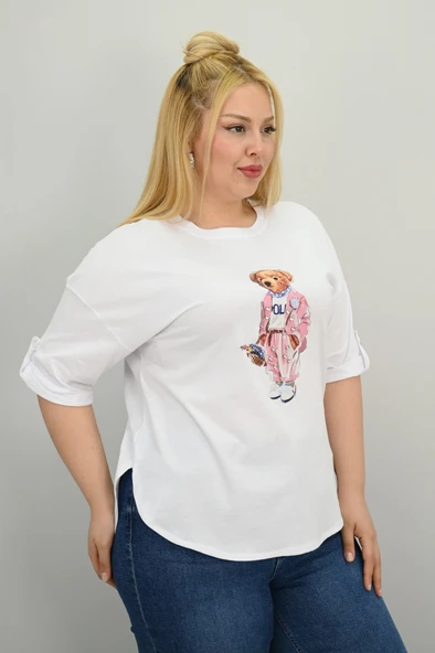 Kadın Büyük Beden Kısa Kollu Taş Detaylı Ayı Baskılı Oversize T-shirt 1926-25 - 12