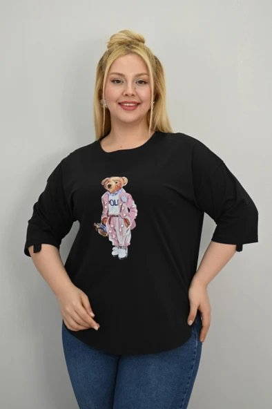 Kadın Büyük Beden Kısa Kollu Taş Detaylı Ayı Baskılı Oversize T-shirt 1926-25 - 4
