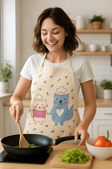 Pati Aşçısı Mutfak Önlüğü Sevimli Kedi Desenli, Sıvı Geçirmez Kumaş - 8