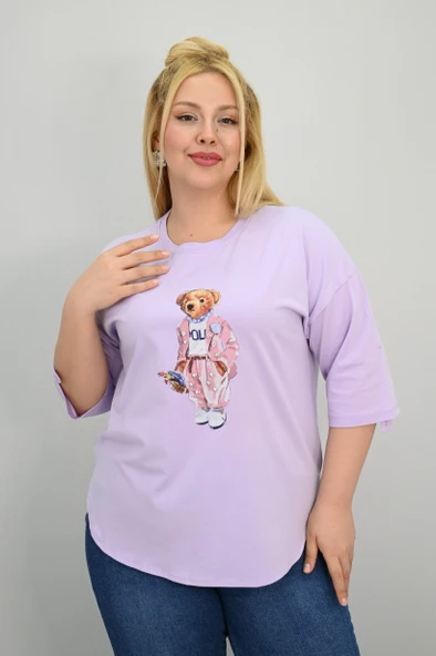 Kadın Büyük Beden Kısa Kollu Taş Detaylı Ayı Baskılı Oversize T-shirt 1926-25