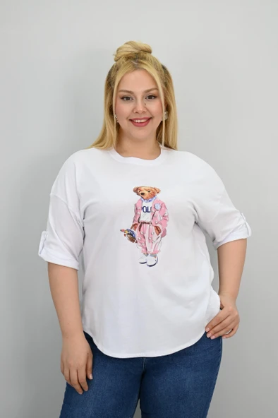 Kadın Büyük Beden Kısa Kollu Taş Detaylı Ayı Baskılı Oversize T-shirt 1926-25 - 9