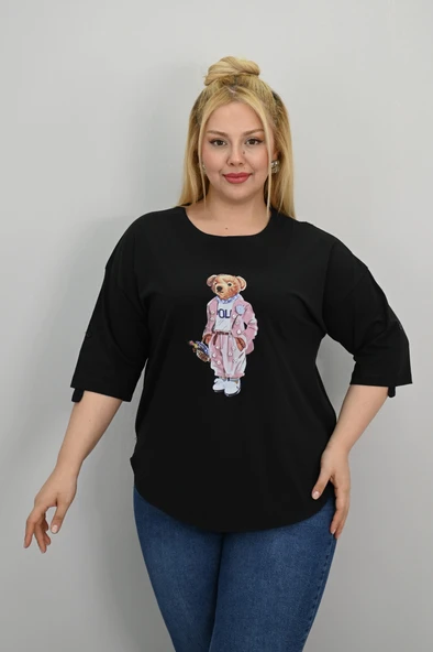 Kadın Büyük Beden Kısa Kollu Taş Detaylı Ayı Baskılı Oversize T-shirt 1926-25 - 3