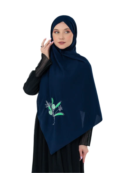 Polyster Lacivert Rengi Şal Filistin Zaytin Dalı Renkli Nakışlı S100040 - 2