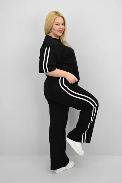 Kadın Büyük Beden Şerit ve Bel Büzgü Detaylı Kısa Kollu Eşofman Takımı 8197-25 - 6