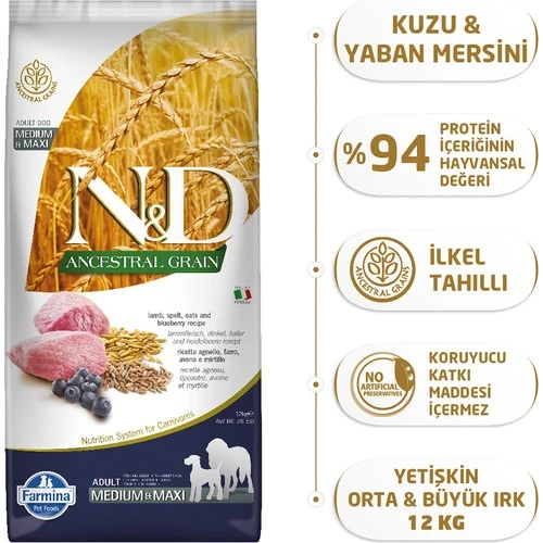 ND Az Tahıllı Kuzulu Medium Maxi Köpek Maması 12 Kg ürün görseli 1
