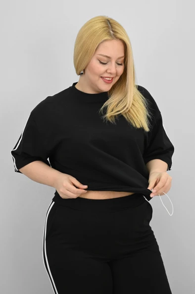 Kadın Büyük Beden Şerit ve Bel Büzgü Detaylı Kısa Kollu Eşofman Takımı 8197-25 - 7