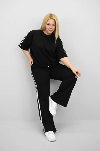 Kadın Büyük Beden Şerit ve Bel Büzgü Detaylı Kısa Kollu Eşofman Takımı 8197-25 - 2