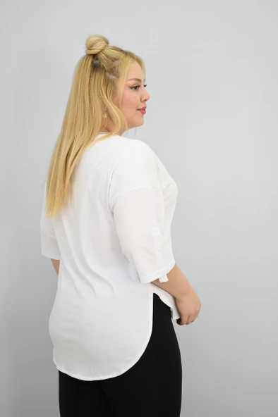 Kadın Büyük Beden Kısa Kollu Taş ve İnci Baskı Detaylı Oversize T-shirt 1925-25 - 12