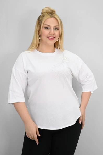 Kadın Büyük Beden Kısa Kollu Taş ve İnci Baskı Detaylı Oversize T-shirt 1925-25 - 9