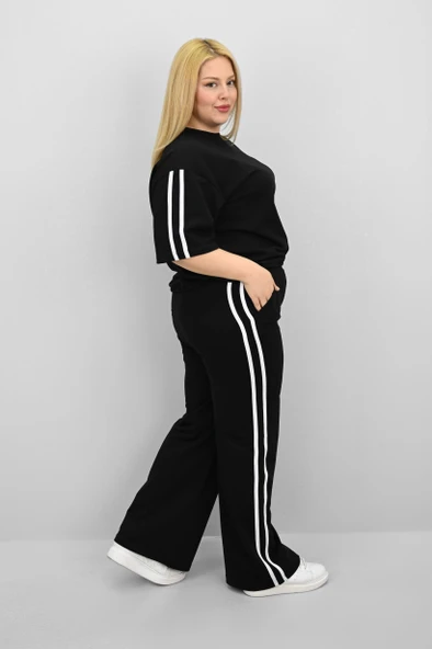 Kadın Büyük Beden Şerit ve Bel Büzgü Detaylı Kısa Kollu Eşofman Takımı 8197-25 - 5