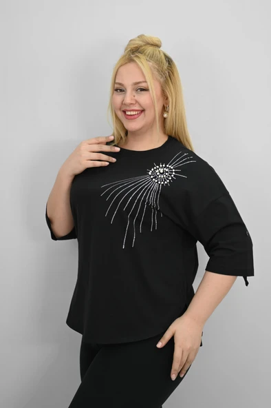 Kadın Büyük Beden Kısa Kollu Taş ve İnci Baskı Detaylı Oversize T-shirt 1925-25 - 3