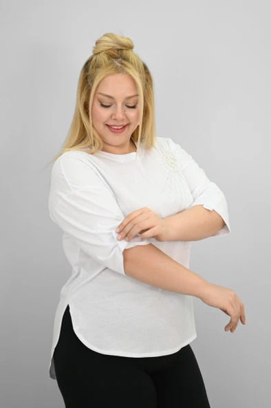 Kadın Büyük Beden Kısa Kollu Taş ve İnci Baskı Detaylı Oversize T-shirt 1925-25 - 11